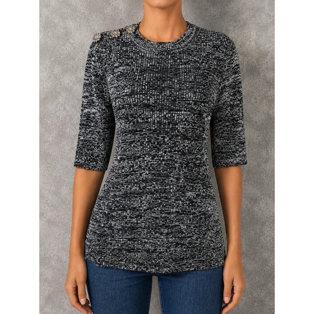 Ganni Melange Knit Top Womens Large Gray Crystal Embellished 3/4 Sleeve